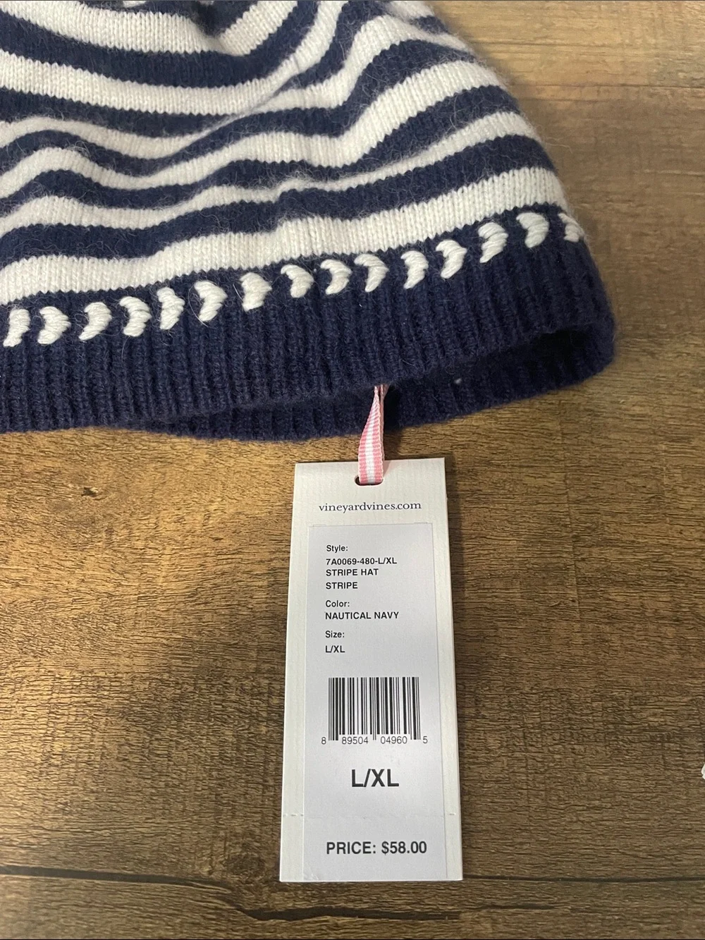 Vineyard  VinesNavy & White Striped Pom Beanie and Mittens Set